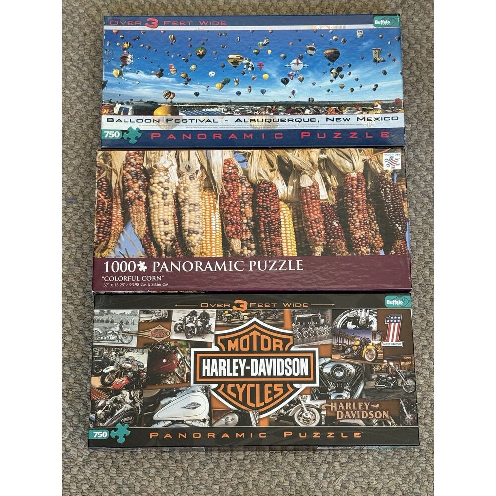 Buffalo Lot of 3 Panoramic Puzzles 750 Piece Harley Davidson, Balloons‎ And Corn